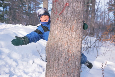 Boy behind tree in snow